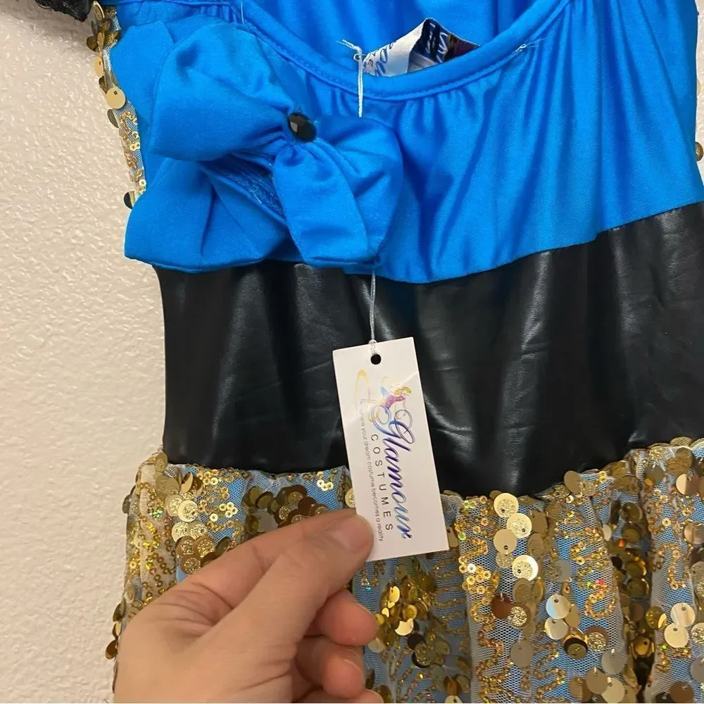 Glamour solo dance costume blue faux leather lace up dress XLC child SA NWT